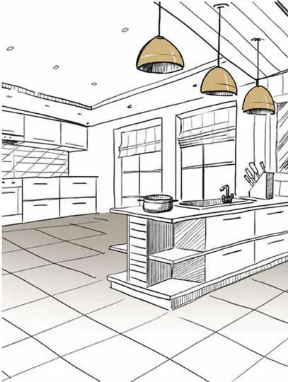 Illustration d’une cuisine à rénover avec îlot central et trois suspensions dorées.